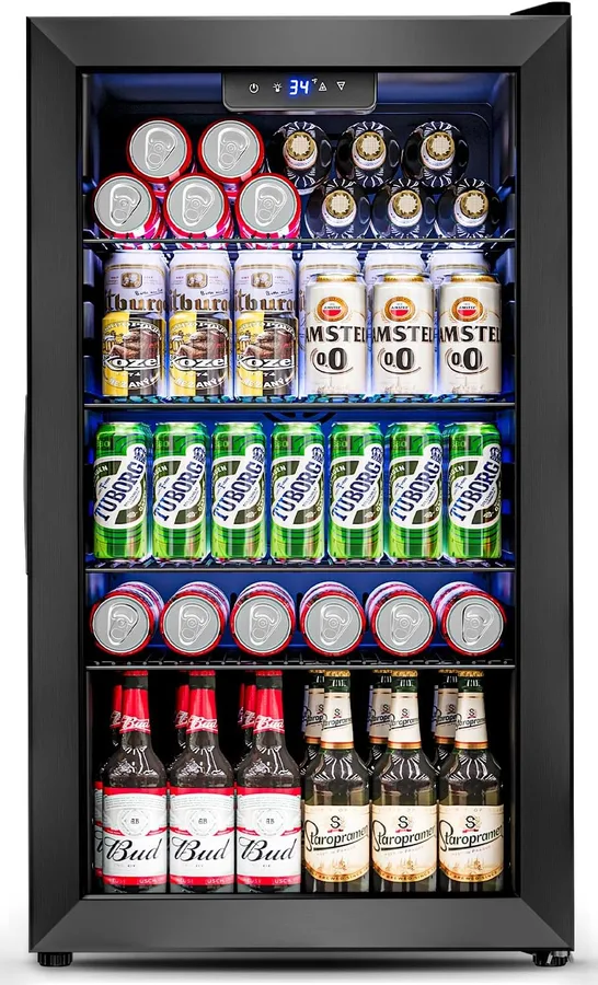 Feelfunn 3.2 Cu.Ft Mini Fridge with Glass Door - 126 Can Beverage Refrigerator Cooler for Drink Beer Wine Soda, Small Fridge for Bedroom Office Bar Dorm, 4 Adjustable Shelves, Black