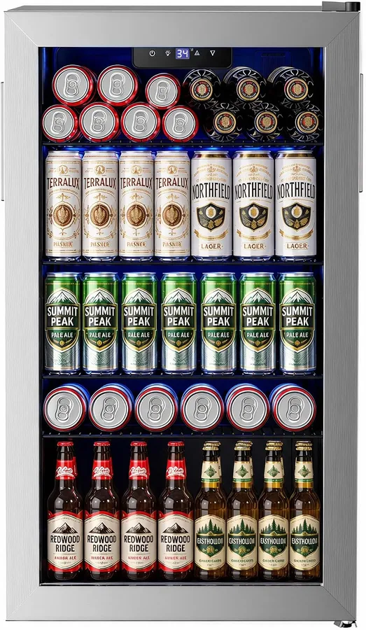 Feelfunn Beverage Refrigerator Cooler - 126 Can Mini Fridge Glass Door for Drinks Soda Beer Wine - Small Refrigerator for Office Bedroom Home Bar, 4 Adjustable Shelves, 3.2 Cu.Ft, Silver
