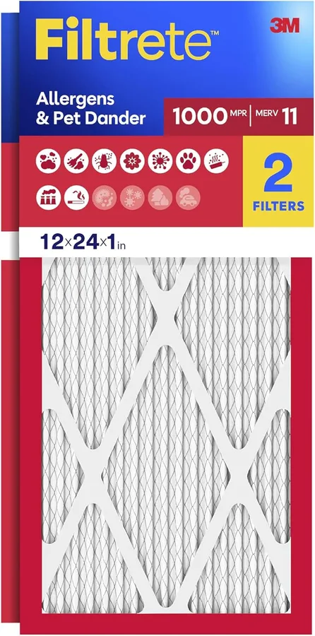Filtrete 12x24x1 Air Filter, MERV 11, MPR 1000, Allergens & Pet Dander, 3-Month AC and Furnace Filters, Cleaner Air, Reliable Airflow, 2 HVAC Filters (Actual Size 11.68 x 23.68 x 0.81 in)