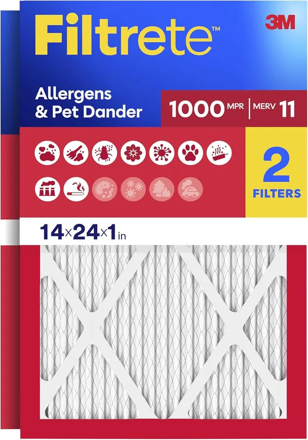 Filtrete 14x24x1 Air Filter, MERV 11, MPR 1000, Allergens & Pet Dander, 3-Month AC and Furnace Filters, Cleaner Air, Reliable Airflow, 2 HVAC Filters (Actual Size 13.68 x 23.68 x 0.81 in)