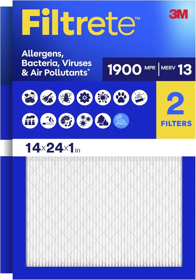 Filtrete 14x24x1 Air Filter, MERV 13, MPR 1900, 2 HVAC Filters | Allergens, Bacteria, Viruses & Air Pollutants, 3-Month AC/Furnace Filters, (Act. Size 13.81x23.81x0.78 in)