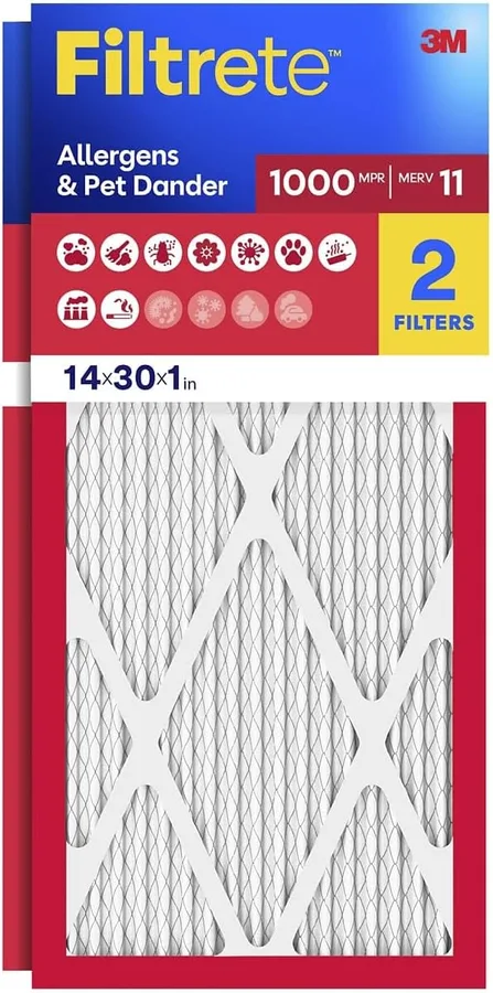 Filtrete 14x30x1 Air Filter, MERV 11, MPR 1000, 2 HVAC Filters | Allergens & Pet Dander, 3-Month AC/Furnace Filters, Cleaner Air, Reliable Airflow, (Act. Size 13.68x29.68x0.81 in)