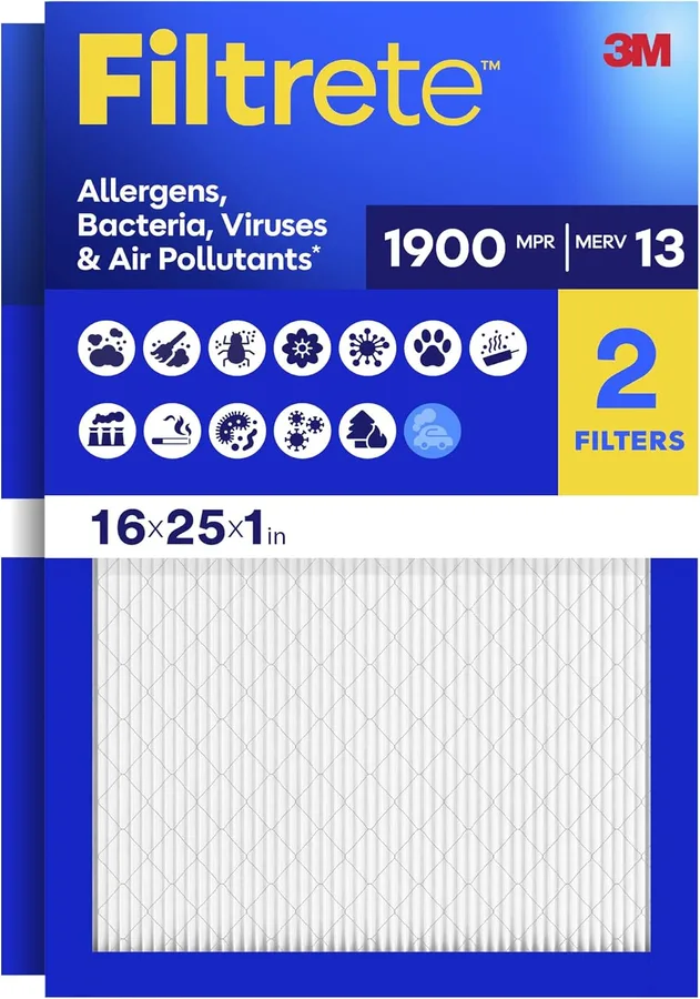 Filtrete 16x25x1 Air Filter, MERV 13 MPR 1900, Allergens, Bacteria, Viruses & Air Pollutants, 3-Month AC/Furnace Filters, Cle