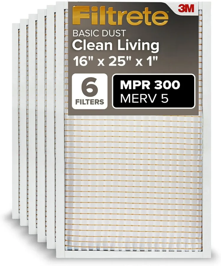 Filtrete 16x25x1 Air Filter MERV 5, 6-Pack AC Furnace HVAC, MPR 300 Basic Dust Defense, Pleated Electrostatic, Removes Lint