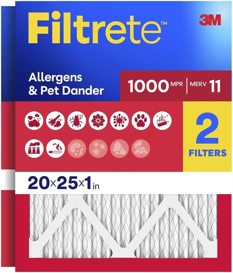 Filtrete 20x25x1 Air Filter, MERV 11, MPR 1000, Allergens & Pet Dander, 3-Month AC and Furnace Filters, Cleaner Air, Reliable Airflow, 2 HVAC Filters (Actual Size 19.68 x 24.68 x 0.81 in)