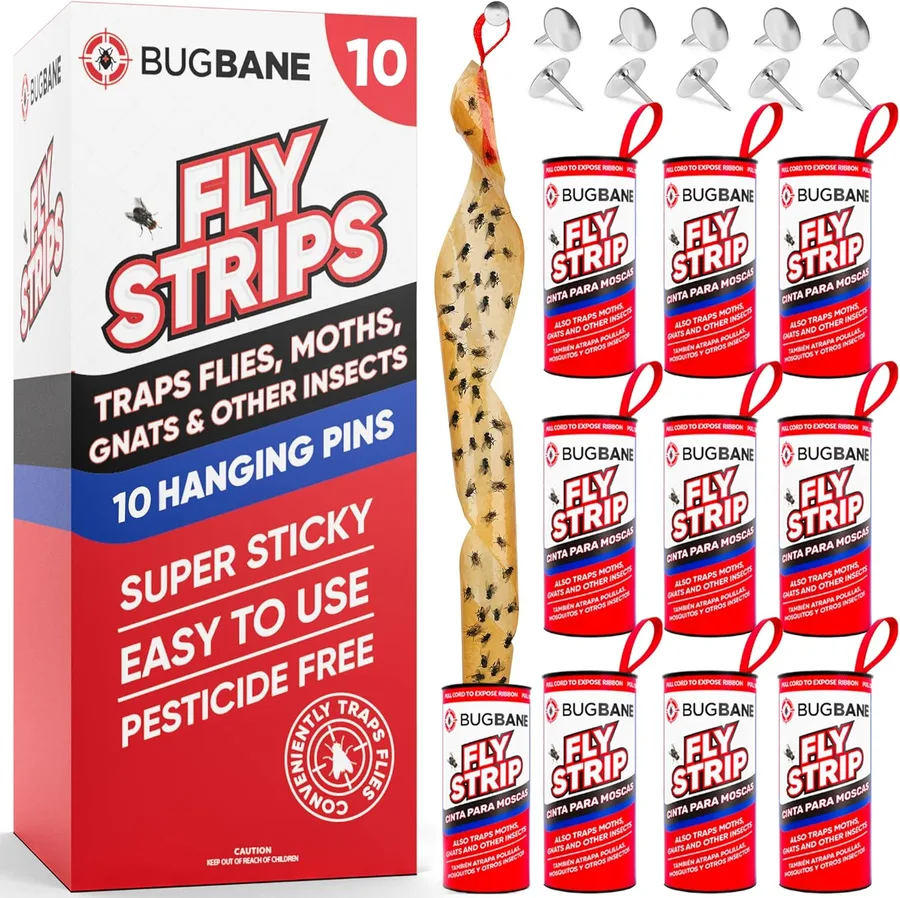 Fly Strips Indoor Sticky Hanging 10pk with Pins. Non Toxic Outdoor Fly Trap Indoor for Home. Flies Tape Paper Trap Ribbon Roll for House Gnat Fruit and Housefly. Bug Catchers for Inside Home Flypaper.