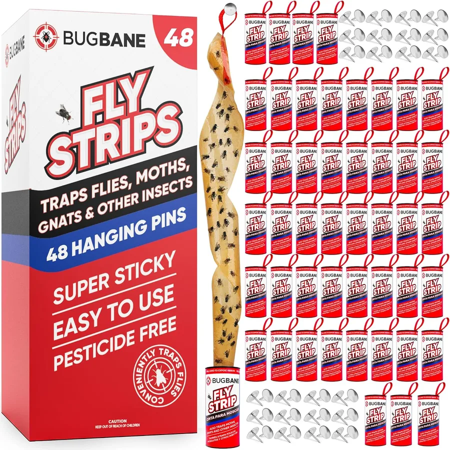 Fly Strips Indoor Sticky Hanging 48pk with Pins. Non Toxic Outdoor Fly Trap Indoor for Home. Flies Tape Paper Trap Ribbon Roll for House Gnat Fruit and Housefly. Bug Catchers for Inside Home Flypaper.