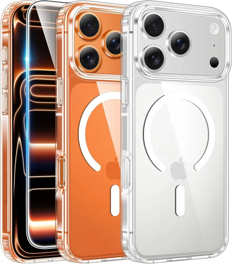 FNTCASE for iPhone 17 Pro-Max Case: Clear Magnetic Phone Cases with Screen Protector Compatible with Magsafe Slim Anti Yellow
