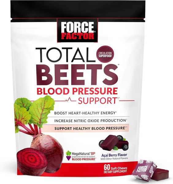 Force Factor Total Beets Blood Pressure Support Chews, Nitric Oxide Supplement with Beet Root Powder & Grape Seed Extract for