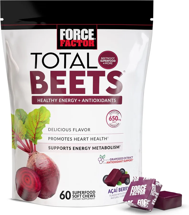 Force Factor Total Beets Soft Chews with Beetroot, Nitrates, L-Citrulline, Grapeseed Extract, and Antioxidants, Healthy Energ