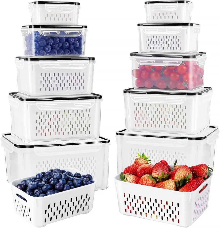 Fruit Storage Containers for Fridge with Removable Colander 10 | Airtight Food Storage Container Dishwasher Safe Produce Saver for Refrigerator Keep Berry Fruit Fresh Longer Large Clear