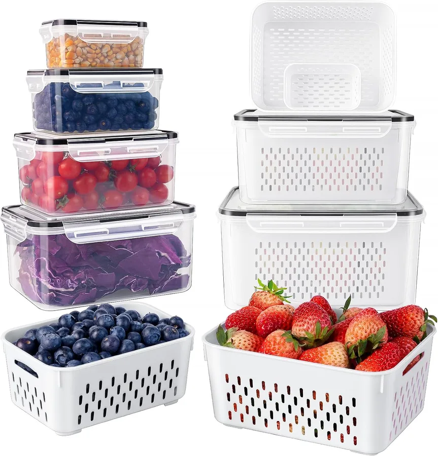 Fruit Storage Containers for Fridge with Removable Colander 6 pcs | Airtight Food Storage Container Dishwasher Safe Produce Saver for Refrigerator Keep Berry Fruit Fresh Longer Large Clear