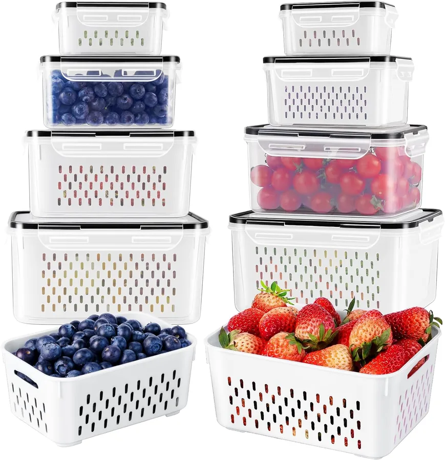 Fruit Storage Containers for Fridge with Removable Colander 8 pcs | Airtight Food Storage Container Dishwasher Safe Produce Saver for Refrigerator Keep Berry Fruit Fresh Longer Small Clear