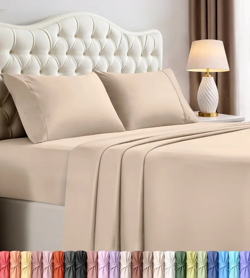 Full Sheets Set, 4 Pieces 16" Deep Pocket Hotel Luxury Bed Sheets, Beige | Extra Soft Bedsheet Set, Comfy & Breathable Cooling Sheets, Wrinkle & Fade Resistant, Fitted Sheet, Flat Sheet, 2 Pillowcases