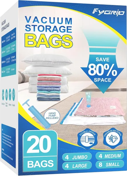 Fygrip Vacuum Storage Bags with Hand Pump, Plastic Packaging Bags, 80% Space Saver Vacuum Seal Bags for Clothing, Travel Lugg