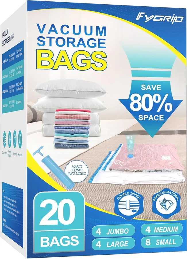 Fygrip Vacuum Storage Bags with Hand Pump, Plastic Packaging Bags, 80% Space Saver Vacuum Seal Bags for Clothing, Travel Lugg