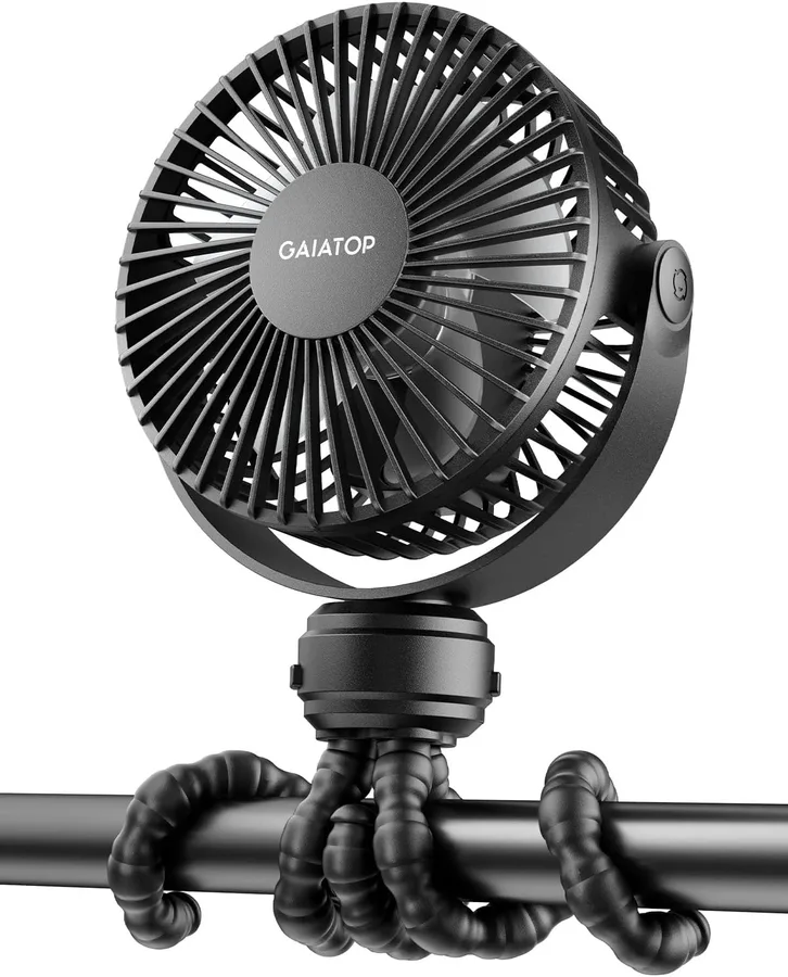 Gaiatop Mini Portable Stroller Fan, Battery Operated Small Clip on, Detachable 3 Speed Rechargeable, 360° Rotate Flexible Tri