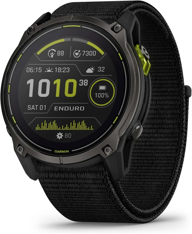 Garmin Enduro 3 GPS Smartwatch 51mm Solar Sapphire, Ultra Battery Life, Mapping, Built-in LED Flashlight, Carbon Gray DLC Titanium, Black UltraFit Nylon Strap (Renewed)