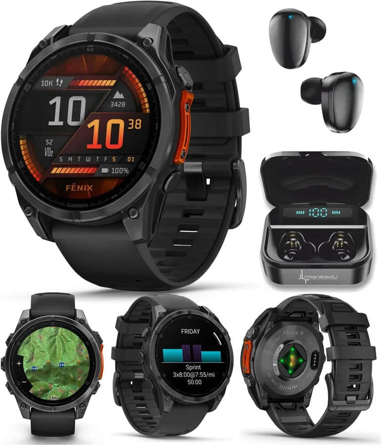 Garmin Fenix 8 – 47 mm, AMOLED Multisport GPS Smartwatch, Slate Gray with Black Silicone Band, Built-in LED Flashlight Black Earbuds Bundle