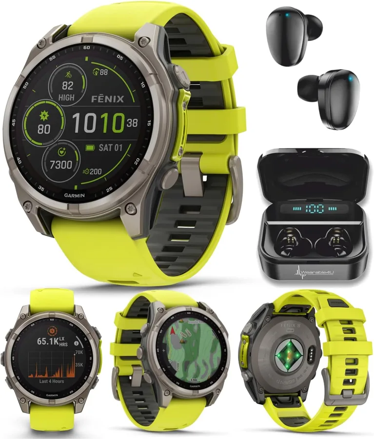 Garmin Fenix 8 – 47 mm Multisport GPS Smartwatch, Solar, Sapphire, Titanium with Amp Yellow/Graphite Silicone, Built-in LED Flashlight, Voice Control Black Earbuds Bundle
