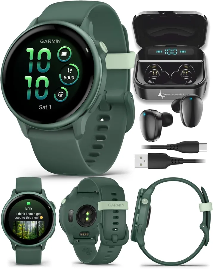 Garmin Vivoactive 6 - Health & Fitness Smartwatch, 1.2 in AMOLED, GPS Sports Tracking, Up to 11 Days of Battery, Metallic Jasper Green & Jasper Green Band w Black Earbuds Bundle