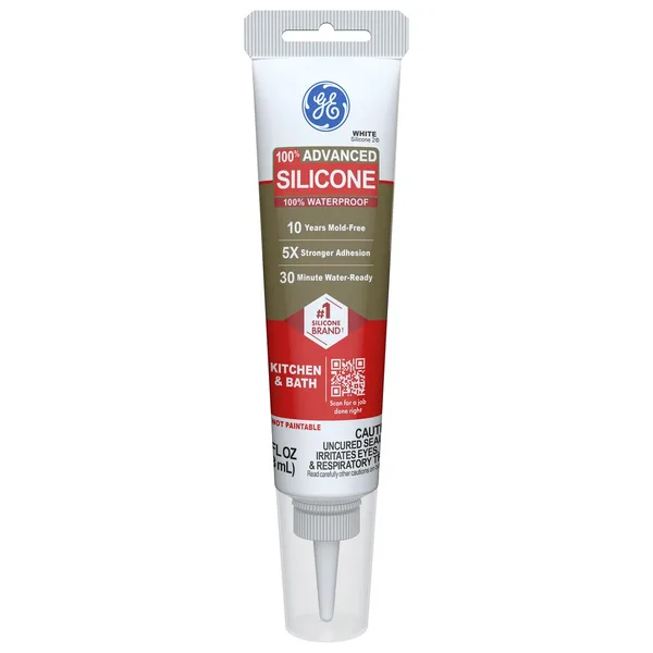 GE Advanced Silicone Caulk for Kitchen & Bathroom, White, 2.8 fl oz Tube, 1 Pack - 100% Waterproof Silicone Sealant, 5X Stron