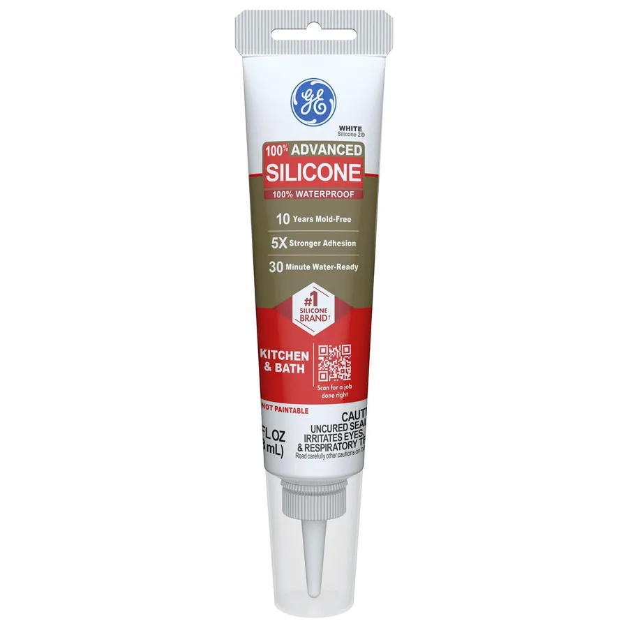 GE Advanced Silicone Caulk for Kitchen & Bathroom, White, 2.8 fl oz Tube, 1 Pack - 100% Waterproof Silicone Sealant, 5X Stron