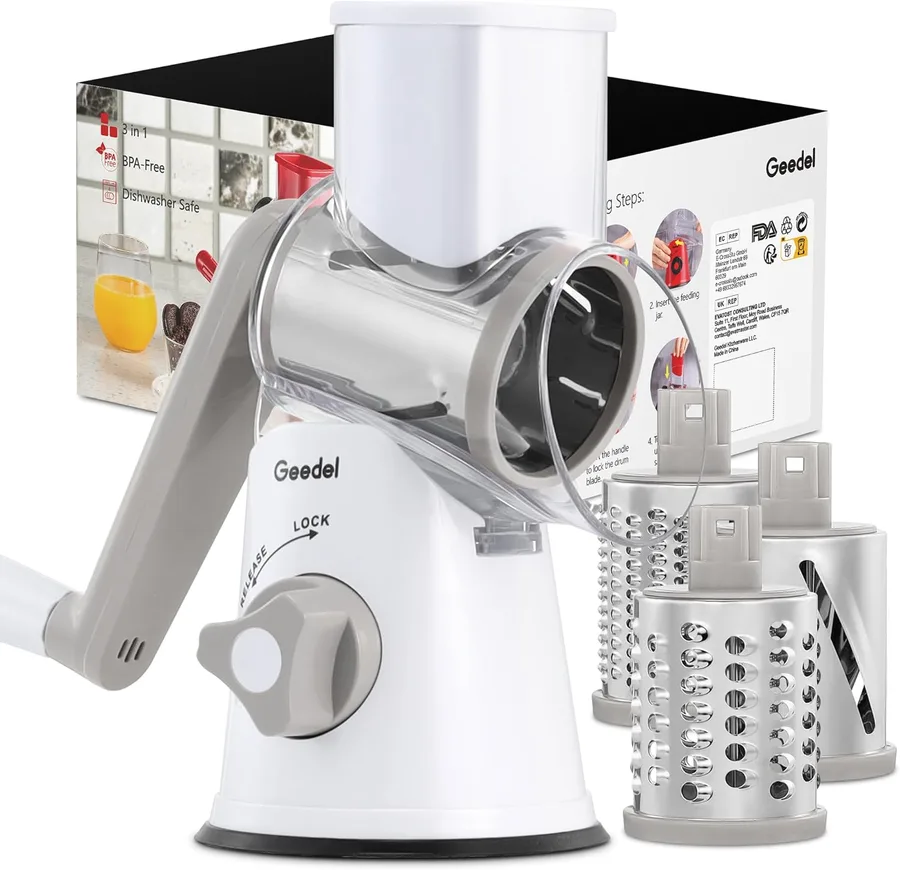 Geedel Rotary Cheese Grater Hand Crank, Cheese Shredder Vegetable Slicer | 3 Blades, 430 Stainless Steel, 12x Fast Cutting, Strong Suction Base, No BPA, Dishwasher Safe, for Cheese, Veggie, Nut