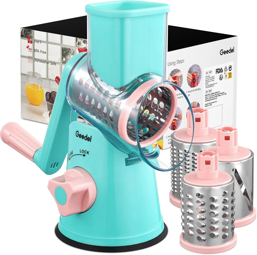 Geedel Rotary Cheese Grater, Kitchen Mandoline Vegetable Slicer with 3 Interchangeable Blades, Easy to Clean Rotary Grater Slicer for Fruit, Vegetables, Nuts | 3 Blades, 430 Stainless Steel, 12x Fast Cutting, Strong Suction Base, No BPA, Dishwasher Safe, for Cheese, Veggie, Nut