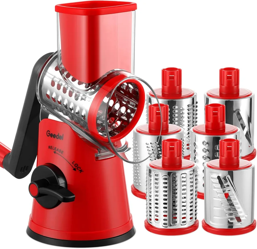 Geedel Rotary Cheese Grater Vegetable Shredder With 6 Interchangeable Blades No Slip Suction Base, Mandoline Slicer & Food Chopper for Cheese, Ice, Nuts, Vegetables, Veggie