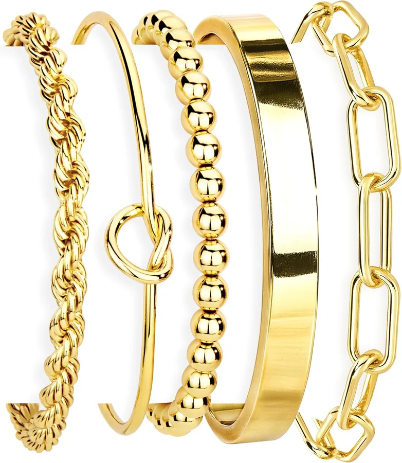 Gokeey Gold Bracelets Set for Women Non Tarnish, Waterproof 14K Gold Plated Sterling Silver Chunky Cuff Bracelet Stackable Go