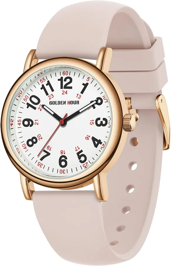 GOLDEN HOUR Waterproof Nurse Watch for Medical Professionals, Students Women Men - Military Time Luminouse Easy Read Dial, 24