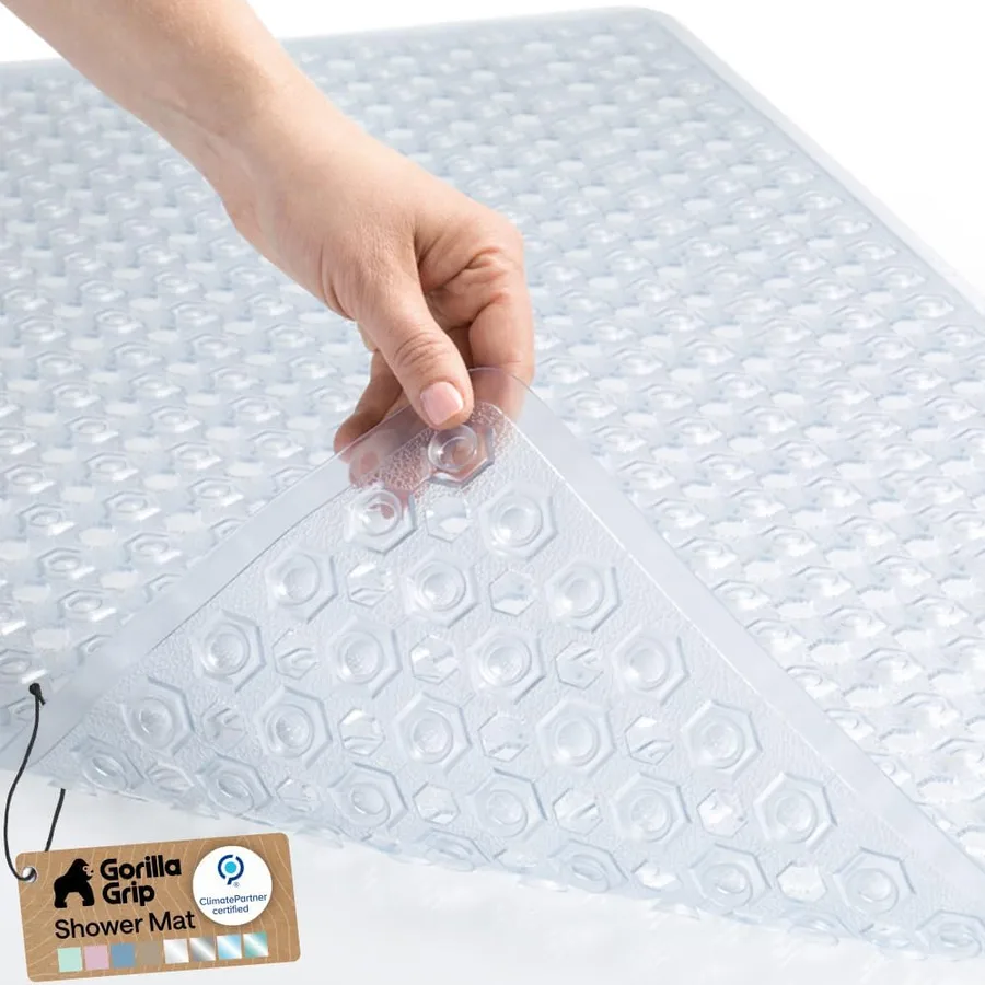 GORILLA GRIP Patented Bath Tub Shower Mat, Machine Washable Bathtub Floor Liner Mats, Suction Cups and Drain Holes to Keep Tu