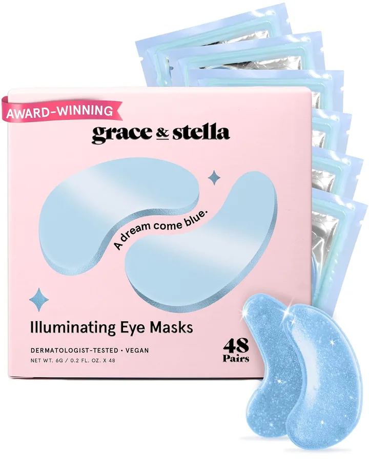 grace & stella Award Winning Under Eye Mask Reduce Dark Circles, Puffy Eyes, Undereye Bags, Wrinkles, Gel Under Eye Patches, New Mom Gifts - Vegan Self Care (48 Pairs, Blue) | Under Eye Masks For Undereye Bags, Wrinkles, Gel Under Eye Patches, New Mom Gifts - Vegan Self Care (48 Pairs, Blue)