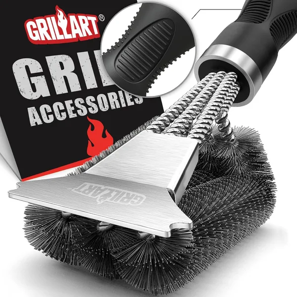 GRILLART Grill Brush and Scraper, Extra Strong BBQ Cleaner Accessories, Safe Wire Bristles Barbecue Triple Scrubbers Cleaning