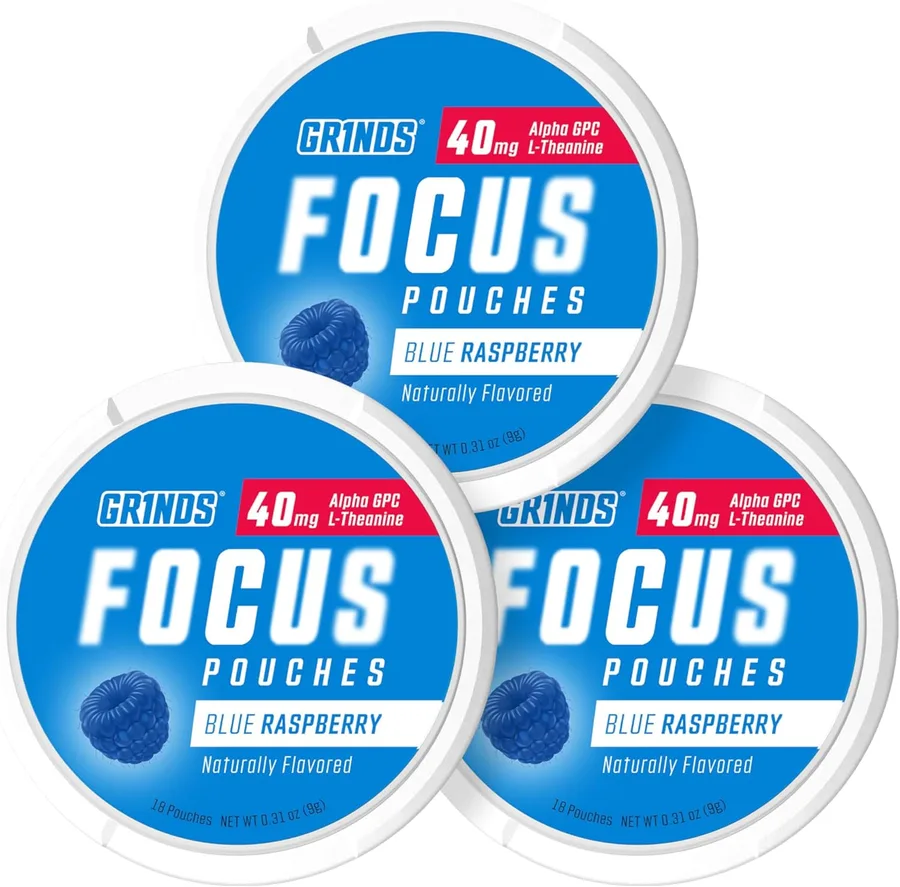 GRINDS Focus Pouches - Naturally Flavored with Nootropic Ingredients - Contains Alpha GPC and L-Theanine, Sugar-Free - 3 Pack