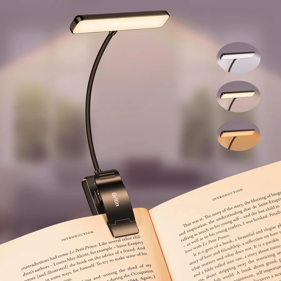 Gritin 19 LED Rechargeable Book Light for Reading in Bed with Memory Function- Eye Caring 3 Color Temperatures,Stepless Dimmi