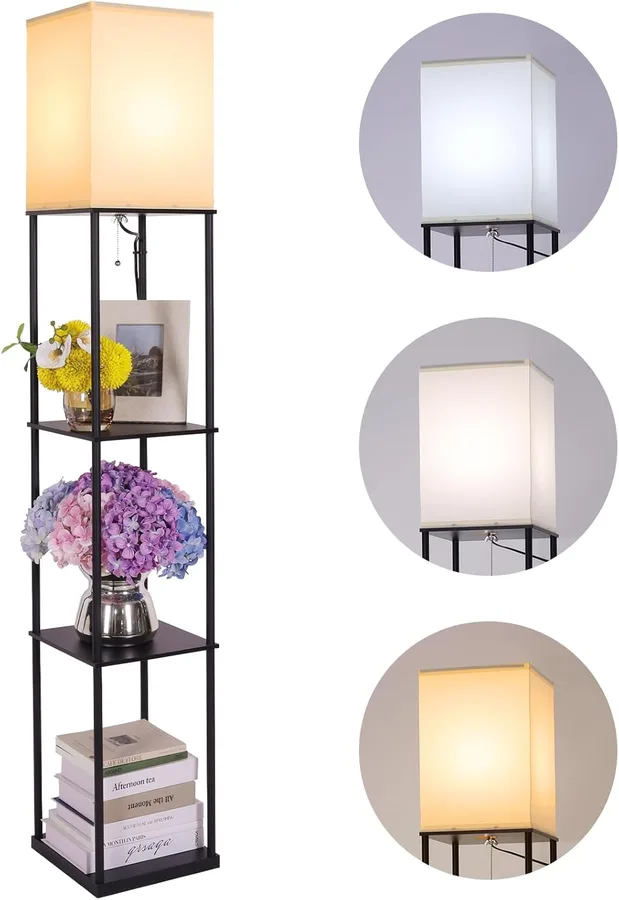 Gupuzm Floor Lamp with Shelves, Modern Square Standing Lamp with 3 Color Temperature Bulb, Corner Display Bookshelf Lamp for