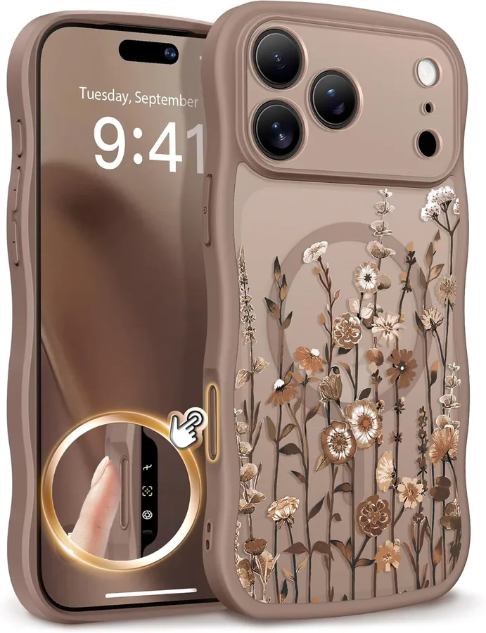 GVIEWIN for iPhone 17 Pro Max Case Compatible with MagSafe [Curly Wave Edge][Full Camera Protection] Floral Translucent Shock