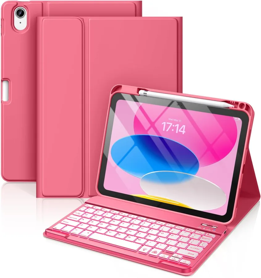 Hamile for iPad 11th 10th Generation Case with Keyboard - 7 Colors Backlit Wireless Detachable Folio Keyboard Cover with Penc
