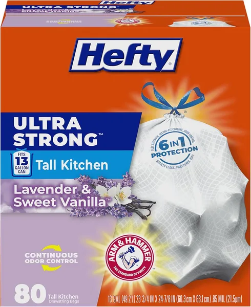 Hefty Ultra Strong 13 Gallon Trash Bags, Tall Kitchen, Drawstring Closure, Odor Control, White, Lavender, Sweet Vanilla, 80 C