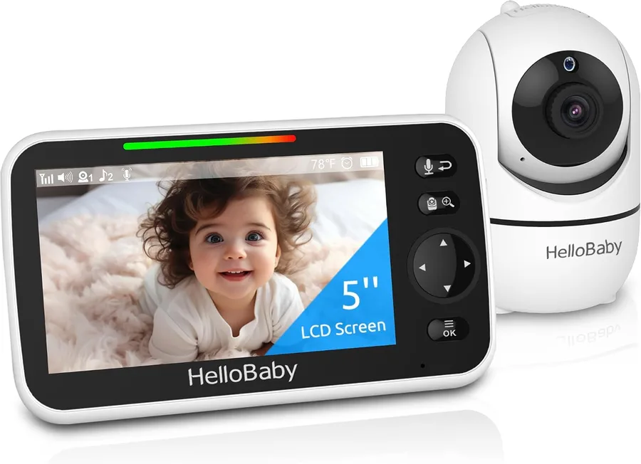 HelloBaby No WiFi Baby Monitor 5" Screen 30-Hour Battery Pan-Tilt-Zoom Video Upgrade with Camera and Audio, Night Vision, VOX, 2-Way Talk, 8 Lullabies and 1000ft Range, HB6550