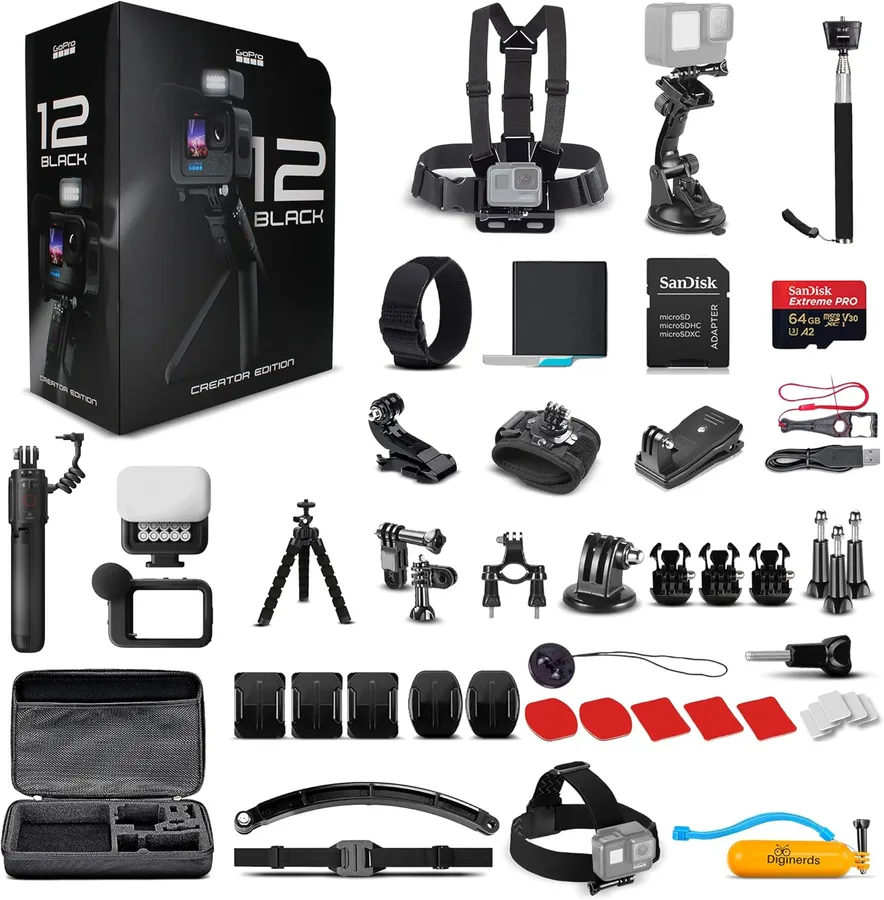 HERO12 Black Creator Edition - Includes Volta (Battery Grip, Tripod, Remote), Media Mod, Light Mod, Enduro Battery - Waterproof Action Camera + 64GB Card & 50 Piece Accessory Kit - Bundle