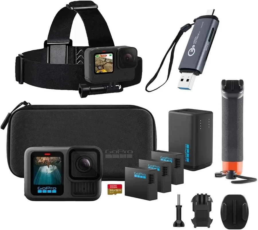 HERO13 Action Camera with 5.3K60 Video, 27MP Photo, with 3 Enduro Batteries, Dual Battery Charger, 64GB SD, Case, Head Strap, Adhesive Mounts, Card Reader, 1-Year Warranty, Black