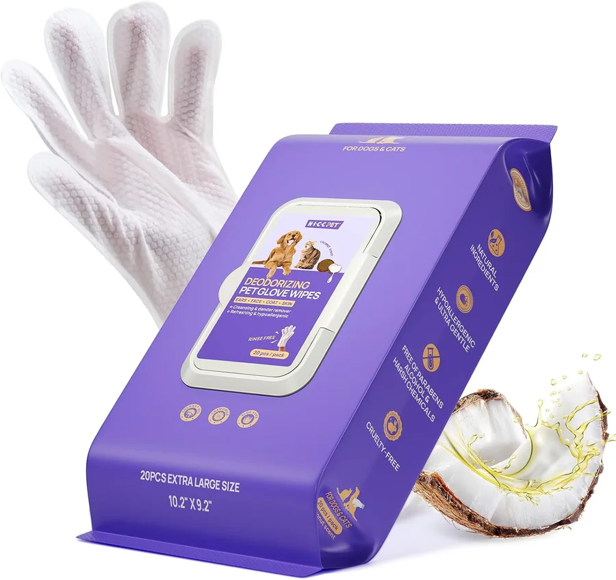 HICC PET Dog Wipes Cleaning Deodorizing Glove Wipes for Dogs, Cats & Horses, Hypoallergenic Hydrating & Nourishing Pet Wipes