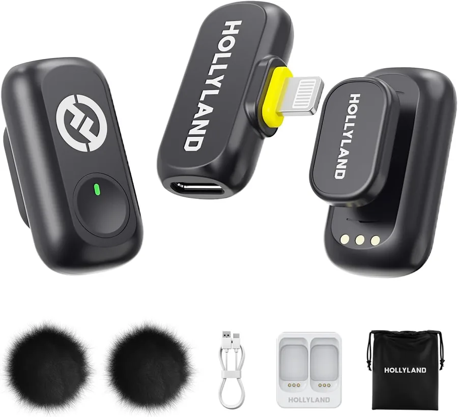 Hollyland Lark A1 Wireless Mini Microphone for iPhone 14/13/12 (2TX + Lightning RX) 48kHz/24-bit, 3-Level Intelligent Noise Cancel, Magnetic Microphone for YouTube, Podcast, Vlogging (Black)