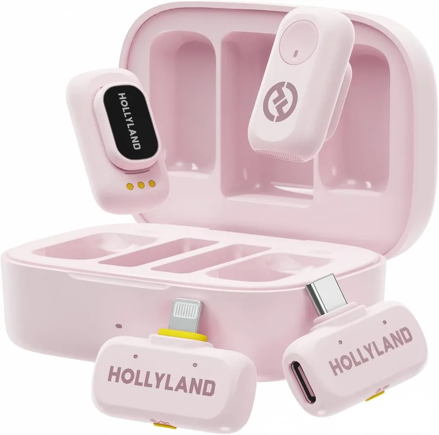 Hollyland Lark A1 Wireless Mini Microphone for iPhone & Android, 48kHz/24-bit, 3-Level Intelligent Noise Cancel, Microphone for YouTube, Podcast, Vlogging (Pink, 2TX + 2RX + Charging Case)