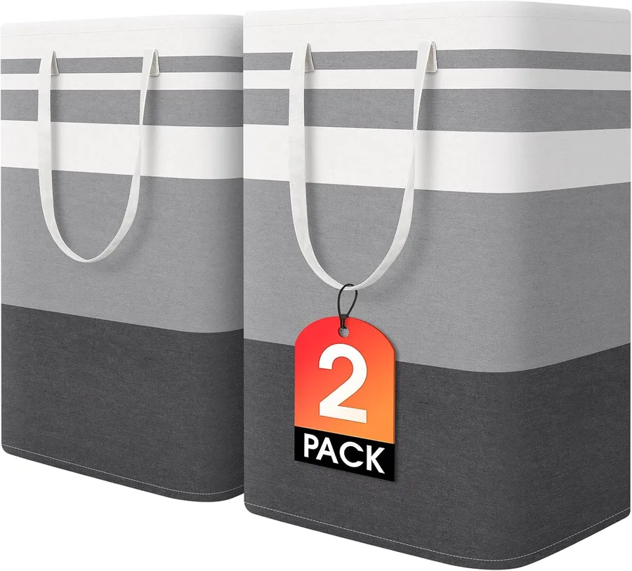 HomeHacks 2 Pack Large Laundry Baskets, Waterproof, Freestanding Laundry Hampers, Collapsible Clothes Hamper with Reinforced