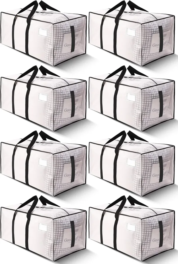 HOMESURE Supports 200lbs Heavy Duty Moving Bags - Strong Zipper & Wrap-Around Handles - Water-Resistant Storage Totes, Durable Alternative to Moving Boxes - 8 Pack - Semi-Transparent