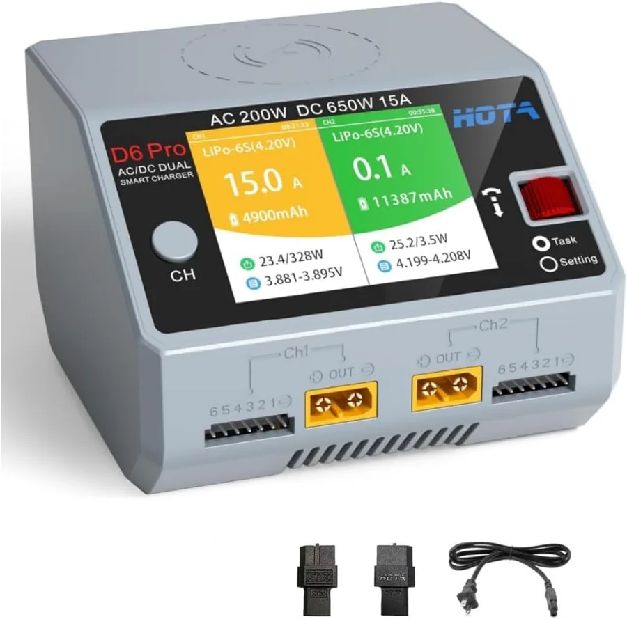 HOTA D6 Pro Dual Channel RC Battery Charger for 1-6S Lipo Batteries | AC 200W, DC 325W, Wireless Chager, 15A Balance Charger, for LiHv, Nicd, NiMH Battery Charging, RC Car, Boat, FPV Race Drone